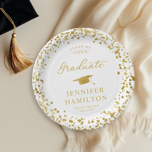 Assiettes En Carton Diplômé Élégant Confettis Dorés Sur Fond Blanc De