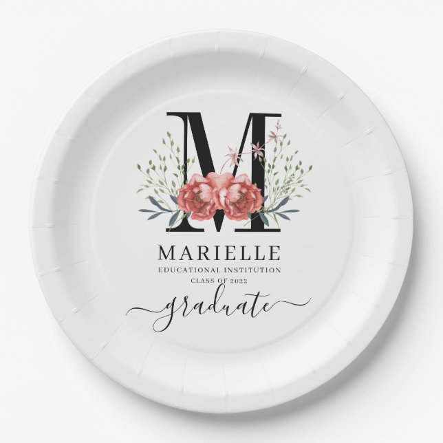 Assiettes En Carton Diplôme Floral Monogramme Logo Papier papier (Devant)