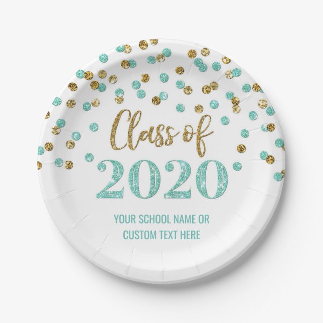 Assiettes En Carton Diplôme Gold Confetti Turquoise 2020 (Devant)
