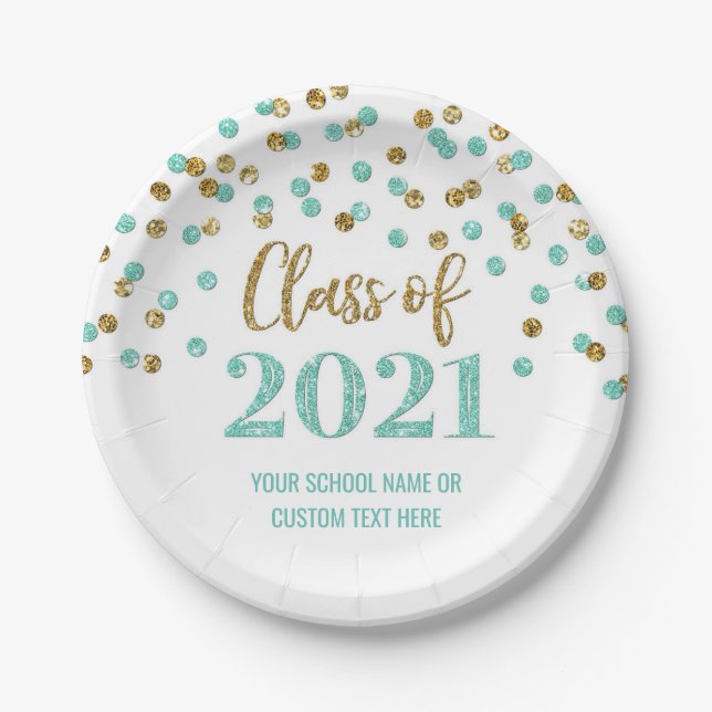 Assiettes En Carton Diplôme Gold Confetti Turquoise 2021 (Devant)