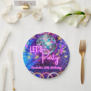 Assiettes En Carton Disco Ball Let's Party Neon rose brillant Annivers