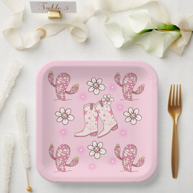 Assiettes En Carton Disco Cowgirl Boot Cactus and Flowers (Mariage)