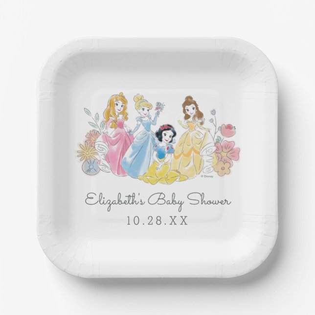 Assiettes En Carton Disney Princess Floral | Baby shower fille (Recto)