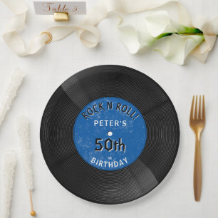 Assiettes En Carton Disque Vinyle Rétro Rock N Roll Bleu Anniversaire