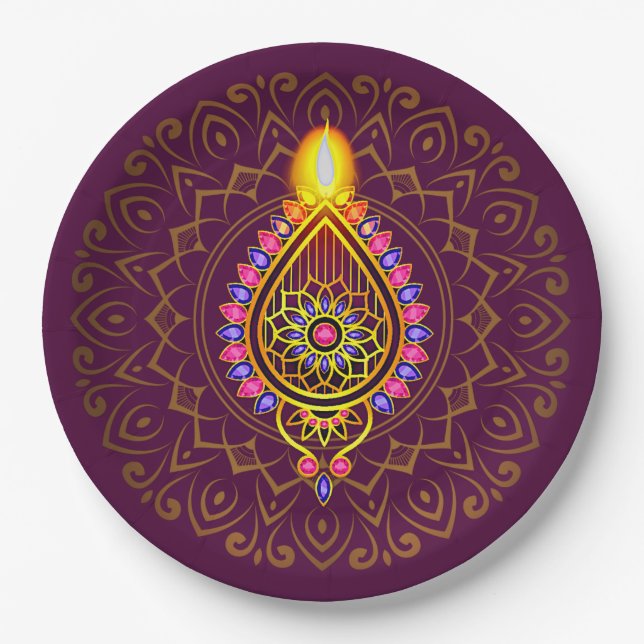 Assiettes En Carton Diwali Bijoux Diya Design bougie Mandala Purple (Devant)