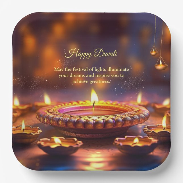 Assiettes En Carton Diwali Orange Brown Lampe dorée Diyas (Recto)