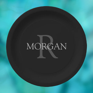 Assiettes En Carton do-it-yourself Monogramme & Nom, Noir classique av