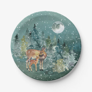 Assiettes En Carton Doe Fawn Deer Forest Pleine lune Snowfall Holiday