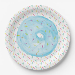 Assiettes En Carton Donut givré à l'aquarelle bleue et paillettes