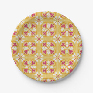Assiettes En Carton dos jaune et motif floral rose symétrique