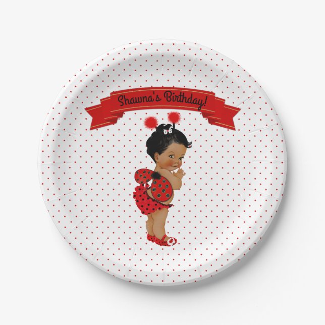 Assiettes En Carton Dots rouges de fille Afro-Américaine Ladybug (Devant)