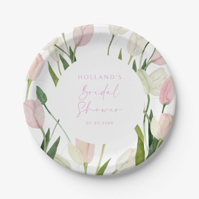 Assiettes En Carton Douce Fête de Mariage aux Tulipes Roses (Devant)
