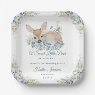 Assiettes En Carton Douce Fête Prénatale Cerf Floral Bleu et Beige