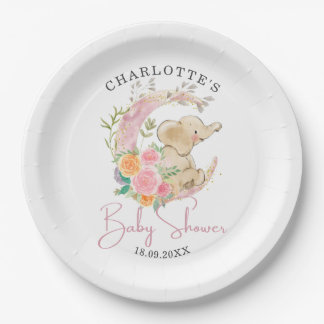 Assiettes En Carton Douce Fille Lunaire Florale Rose Éléphant Baby Sho