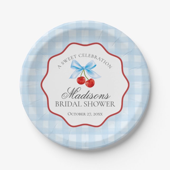 Assiettes En Carton Douce Mariée Cerise Bleue Gingham Shower Nuptial (Devant)