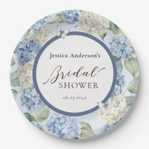 Assiettes En Carton Douce Mariée Fleur d'Hortensia Bleu Aquarelle