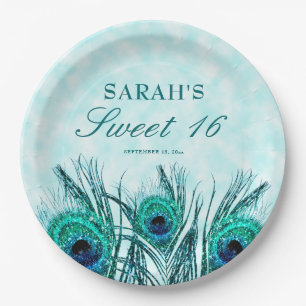 Assiettes En Carton Douces plumes de paon pailletées Bleu sarcelle 16