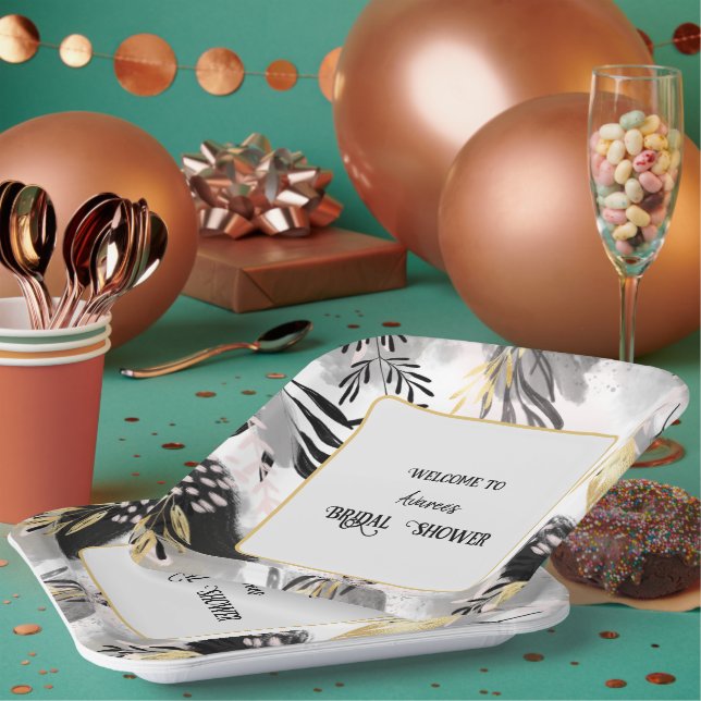 Assiettes En Carton Douche à feuilles noires, grises et dorées (Multi)