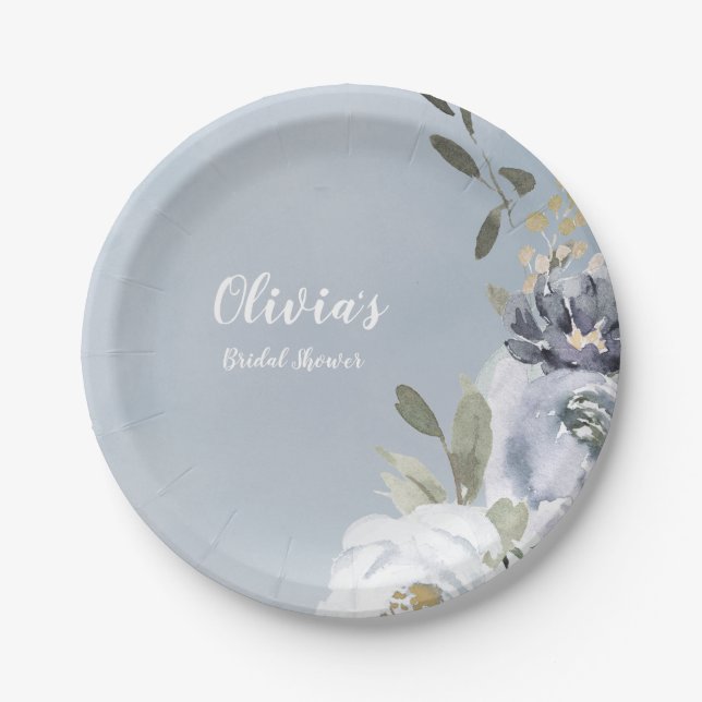 Assiettes En Carton Douche de nuptiale fleurie et botanique bleu pouss (Devant)