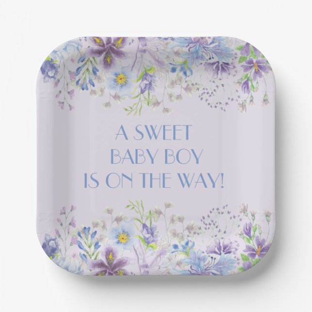Assiettes En Carton Douche garçon violet et bleu Floral (Recto)
