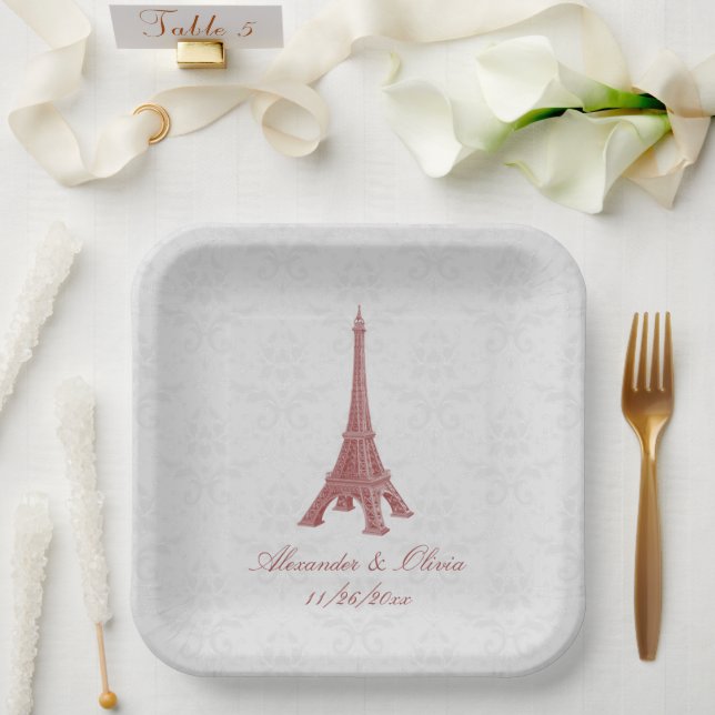 Assiettes En Carton Douche Mariage damassé Tour Eiffel Rouge (Mariage)