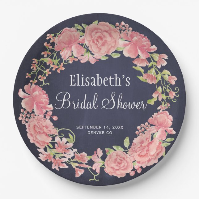 Assiettes En Carton Douche nuptiale aquarelle rose floral marine (Devant)