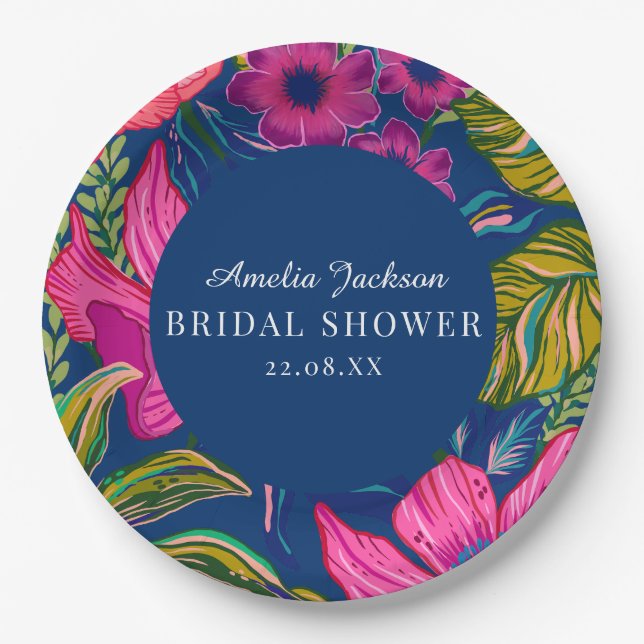 Assiettes En Carton Douche nuptiale florale et botanique bleu (Devant)