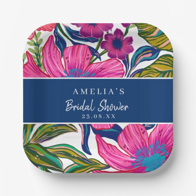 Assiettes En Carton Douche nuptiale florale et botanique bleu (Recto)
