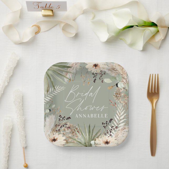 Assiettes En Carton Douche nuptiale merci pampas moderne herbe feuilla (Mariage)