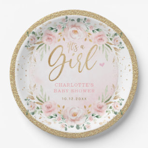 Assiettes En Carton Douche pour bébé florale rose rouge féminin