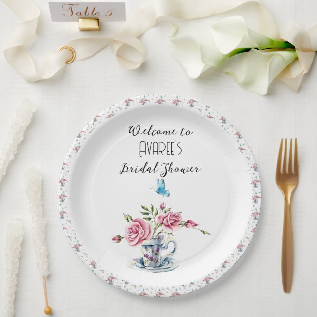 Assiettes En Carton Douche Tea Party Roses Rose (Mariage)