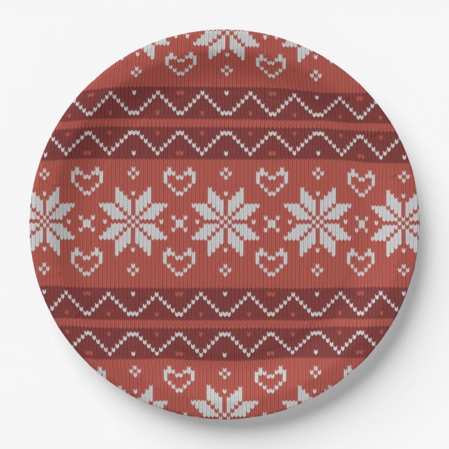 Assiettes En Carton Douille de Noël moche Scandinave Knit Coeur rouge (Devant)