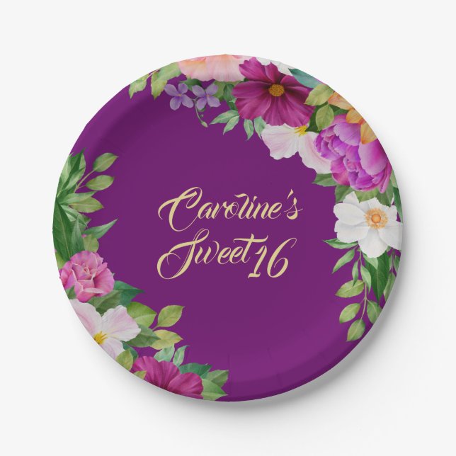 Assiettes En Carton Doux 16 Purple Floral Aquarelle Bouquet mou (Devant)