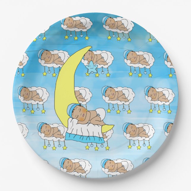 Assiettes En Carton Doux petit bébé ethnique dormant sur la lune (Devant)