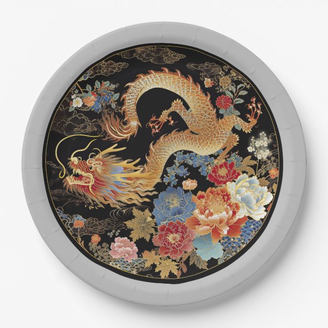 Assiettes En Carton Dragon asiatique et fleurs de pivoines (Devant)