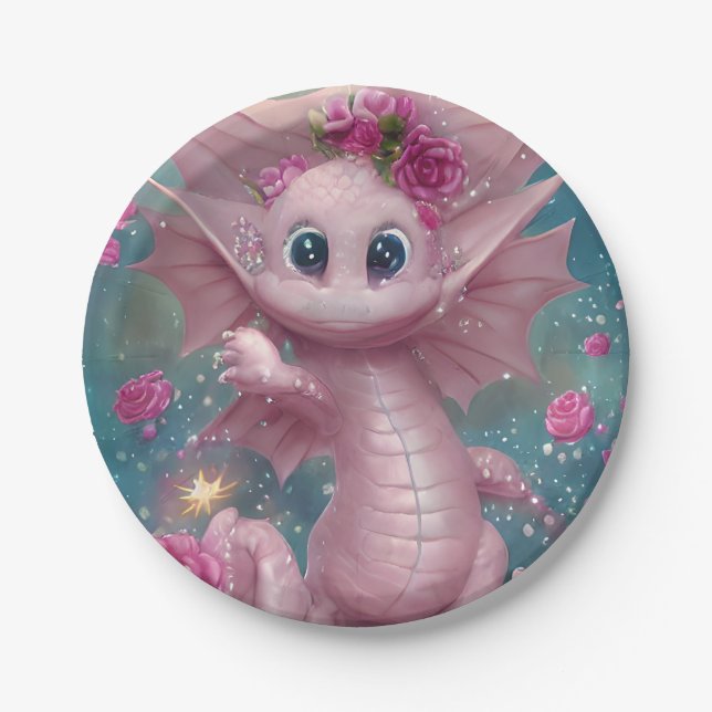 Assiettes En Carton Dragon Bébé Rose (Devant)