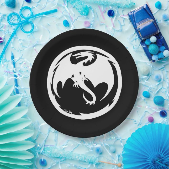 Assiettes En Carton Dragon blanc noir grandes plaques de papier (Fête)