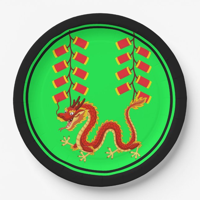 Assiettes En Carton Dragon chinois de Nouvel An et pétards chinois (Devant)