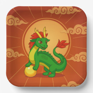 Assiettes En Carton Dragon Chinois Vert sur Fond Rouge