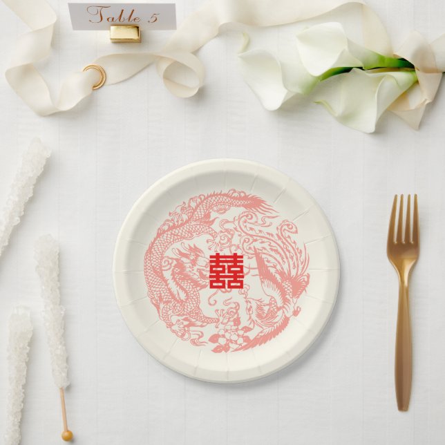 Assiettes En Carton Dragon et Phoenix mariage chinois beige rouge (Mariage)