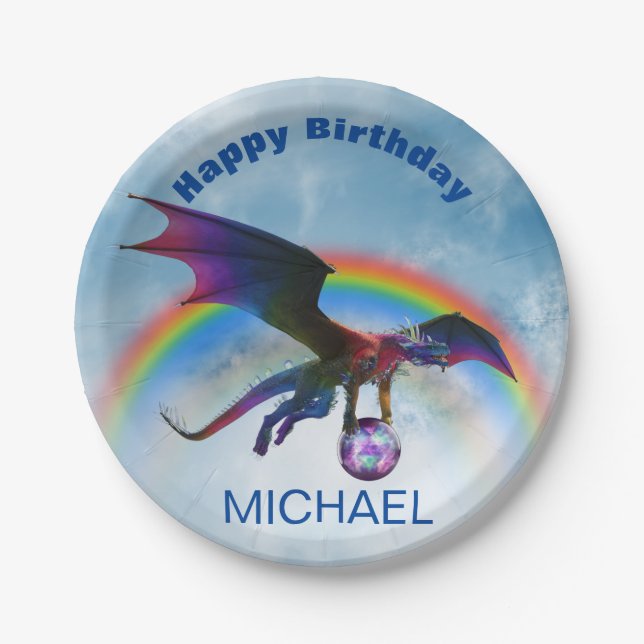 Assiettes En Carton Dragon Joyeux Anniversaire nom Rainbow Imaginaire  (Devant)