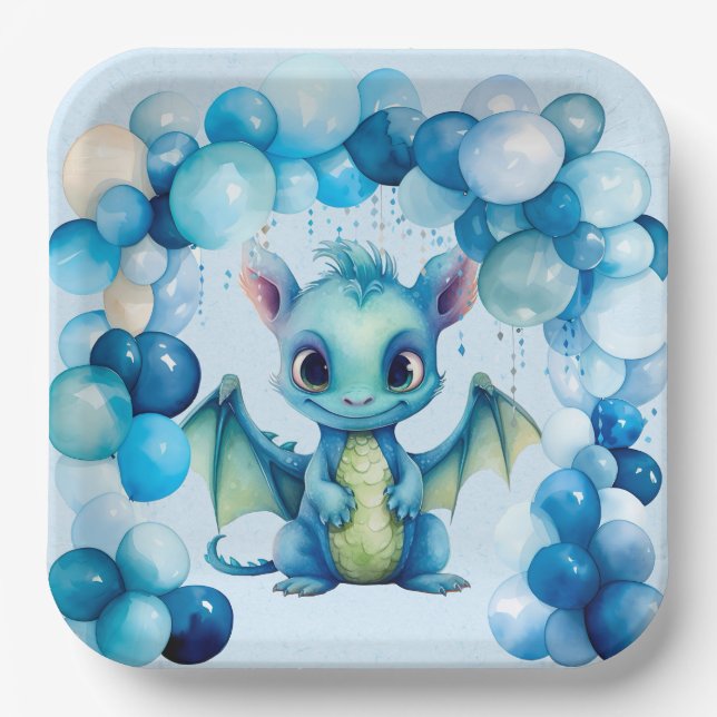 Assiettes En Carton Dragon mignon avec Ballons Bleus Baby shower garço (Recto)