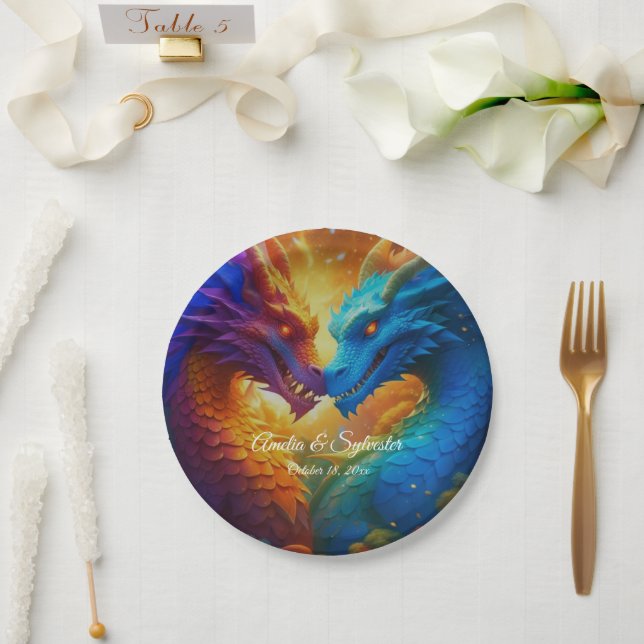 Assiettes En Carton Dragons colorés en amour (Mariage)