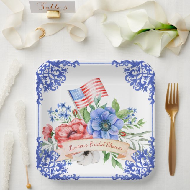 Assiettes En Carton Drapeau américain floral rouge, blanc et bleu (Mariage)