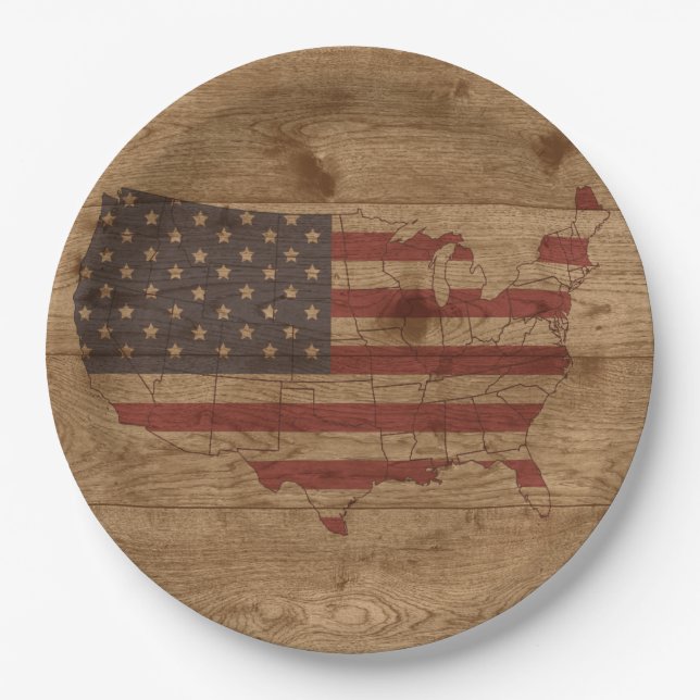 Assiettes En Carton Drapeau américain sur bois rustique | USA Patrioti (Devant)
