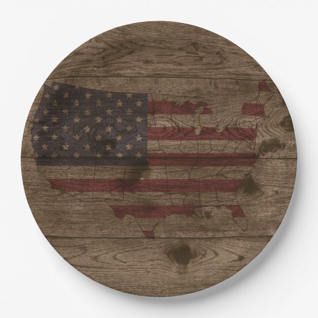 Assiettes En Carton Drapeau américain sur bois rustique | USA Patrioti (Devant)