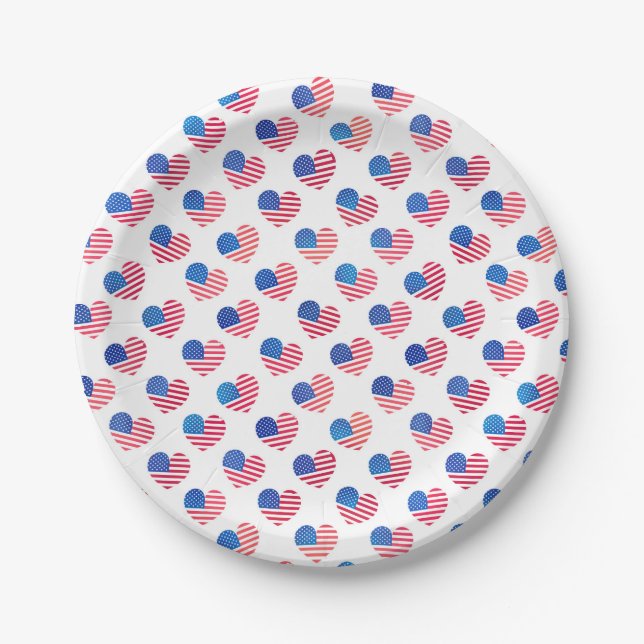 Assiettes En Carton Drapeau cardiaque américain Rouge Blanc Bleu Étoil (Devant)