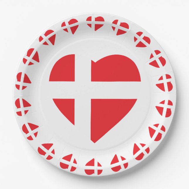 ASSIETTES EN CARTON DRAPEAU DANNEBROG DE FORME DE COEUR DU DANEMARK (Devant)