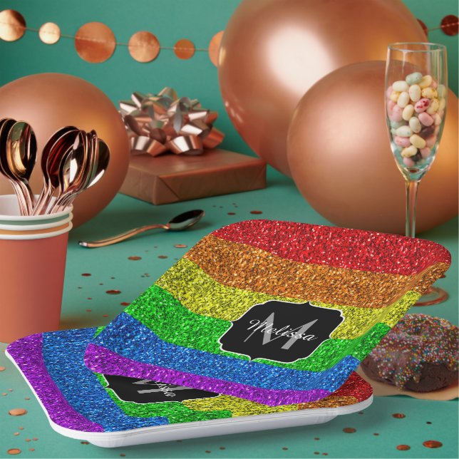 Assiettes En Carton Drapeau LGBT vibrante parties scintillant arc-en-c (Multi)