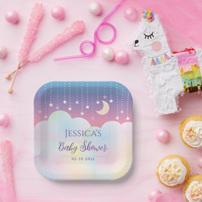 Assiettes En Carton Dreamy Moon et Stars Baby shower neutre (Fête)